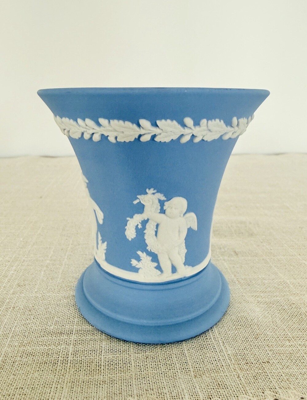 Vintage Wedgwood Blue Jasperware Four Season Cherubs Trumpet Vase
